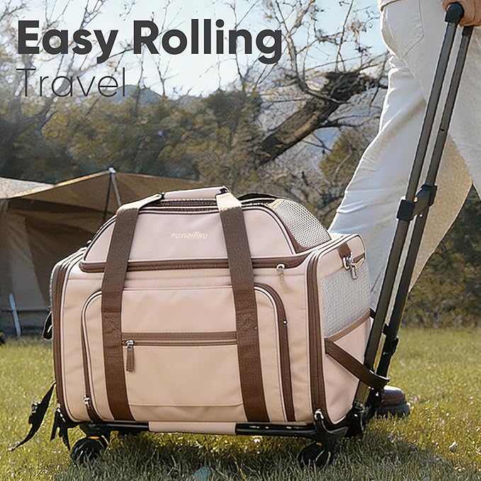 FUKUMARU Cat Carrier with Wheels, 18x11x11 Expandable Soft Cat Travel Carrier, Airline Approved Dog Carrier, Sturdy Rolling Cat Carrier with Anti-Scratch Mesh, Escape-Proof Pet Carrier for Cat, Pink