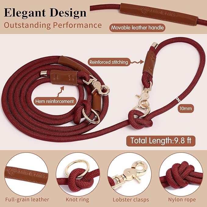 Tails & Tales Hands Free Dog Leash for Walking Running Training, Adjustable Lead Up to 9.8ft, Dogs Up to 125lbs, Crossbody, Dual Handle, Multifunctional, Double Attachment for 2 Dogs (Winery Red)