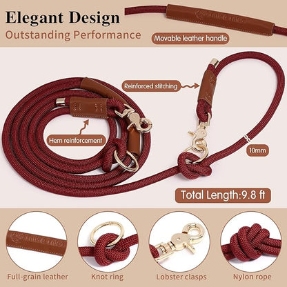 Tails & Tales Hands Free Dog Leash for Walking Running Training, Adjustable Lead Up to 9.8ft, Dogs Up to 125lbs, Crossbody, Dual Handle, Multifunctional, Double Attachment for 2 Dogs (Winery Red)