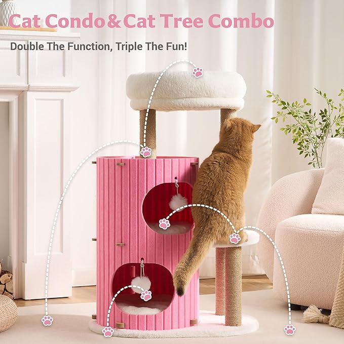 Modern Cat Tree for Indoor Cats Large Adult, 36in H Cat Tree Tower with Scratching Posts, Cozy Cat Bed Cave, Washable Cushions, Dangling Balls, Play&Nap Cat House Condo for All Breeds, Pink