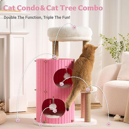 Modern Cat Tree for Indoor Cats Large Adult, 36in H Cat Tree Tower with Scratching Posts, Cozy Cat Bed Cave, Washable Cushions, Dangling Balls, Play&Nap Cat House Condo for All Breeds, Pink