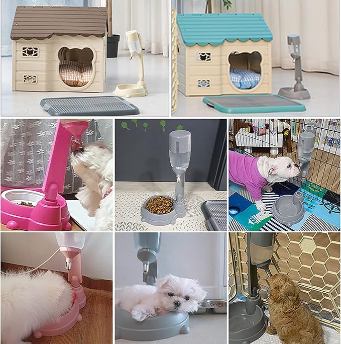 UPIT Standing Pet Water Dispenser and Food Bowl - Height Adjustable Dog Water Dispenser with Detachable Pole - Nonslip & Non-Spill Dog Water Bottle Dispenser - Dog Feeding Station (Ivory)