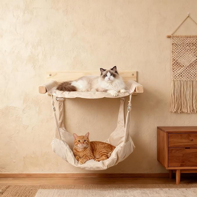 JSPYFITS Wooden Cat Wall Hammock, 18.9 x 12.6 Inch Double Layer Cat Furniture Hammock, Large Removable Multi-Function Cats Bed for Sleep/Play/Climb/Lounge Easy DIY Installation(Beige)