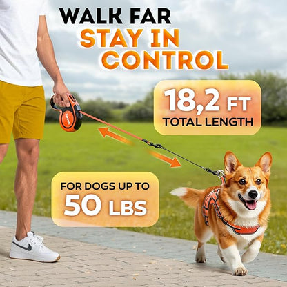 Retractable Dog Leash 18.2 ft – Chew Proof Cable Included – 360° Tangle-Free Design – Heavy Duty Reflective Leash – Soft Anti-Slip Grip Outdoor Daily for Small & Medium Dogs up to 50 lbs (Orange)