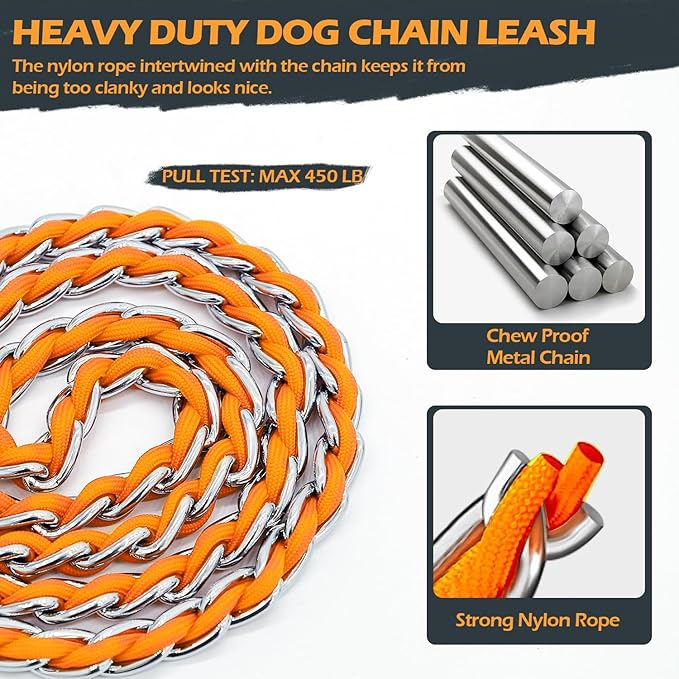 Chain Dog Leash Chew Proof Metal Leash for Medium Large Dogs, Chain Link Dog Anti Chew 5.2FT / 4FT Strong Anti Bite Comfortable Soft Padded Handle (Orange, 4FT(30-80lb)