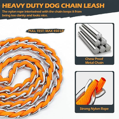 Chain Dog Leash Chew Proof Metal Leash for Medium Large Dogs, Chain Link Dog Anti Chew 5.2FT / 4FT Strong Anti Bite Comfortable Soft Padded Handle (Orange, 4FT(30-80lb)