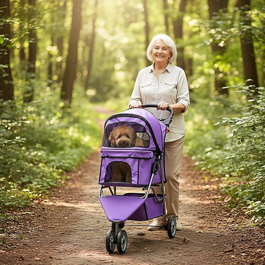 BestOffice Pet Stroller for Small Medium Dogs & Cats, 3-Wheel Foldable Dog Stroller with Cup Holder, Lightweight Travel Carrier, Waterproof Design for Outdoor Walks, Purple