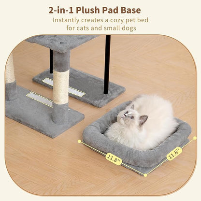Heybly Cat Tree, 45.3-Inch Cat Tower for Indoor Cats with Large Perch, All-in-One Cat Furniture with Cozy Bed, Hidden Space Cat Condo, Comfy Hammock, Scratching Posts & 3 Pompoms, Light Gray HCT202SW