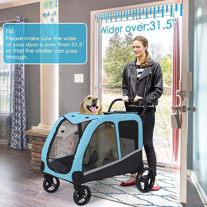 Dog Stroller for Large Dogs, Extra Large Pet Stroller for Medium Dogs, Dog Wagon Carriage, Foldable Design, Adjustable Handle, with Pocket, Up to 130 lbs, Blue