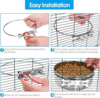 2 Pcs Large Dog Food Water Bowl for Cage with Upgraded Clamp Holder, Pet Kennel Hanging Bowls Stainless Steel Non-Spill Detectable Bowls Crate Feeder for Large Dogs (7x2.8'' & 6.3x2.5'')