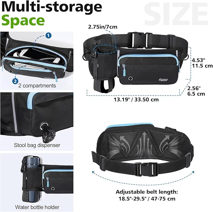 Hands Free Dog Leash, Adjustable Waist Leash for Walking with Dual Bungees Padded Handle, Shock Absorbing Hands Free Belt for Small Medium-Sized Dogs Outdoor Activities, Black+Blue