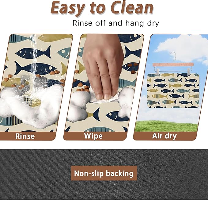 Fish Boho Dog Food Mat for Floors,Ocean Absorbent Quick-Dry Pet Feeding Mat,Cat Dog Bowl Mats for Food and Water,Non-Slip Pet Accessories Supplies 12"x20"