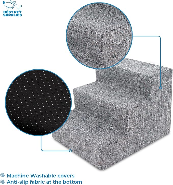 Best Pet Supplies Foam Pet Steps Cover for Small Dogs and Cats, Portable Ramp Stairs for Couch, Sofa, and High Bed Climbing (Cover Only) - Ash Gray Linen, 3-Step (Cover Only)