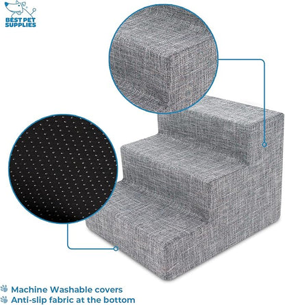 Best Pet Supplies Foam Pet Steps Cover for Small Dogs and Cats, Portable Ramp Stairs for Couch, Sofa, and High Bed Climbing (Cover Only) - Ash Gray Linen, 3-Step (Cover Only)