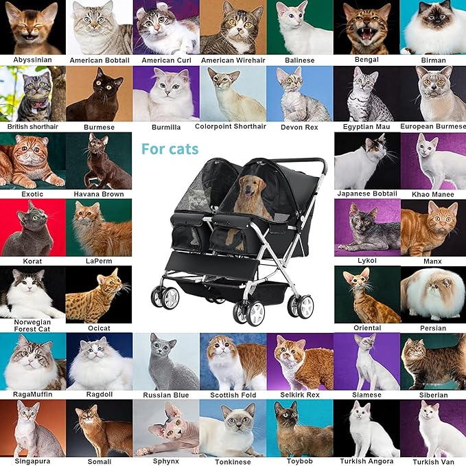 Double Pet Stroller, Foldable Stroller for 2 Dogs & Cats, Two-Seater Carrier Twin Dog Walk Jogger Travel Pet Carriage Cart with Storage, Black