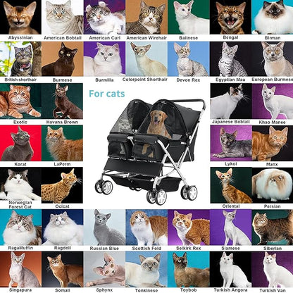Double Pet Stroller, Foldable Stroller for 2 Dogs & Cats, Two-Seater Carrier Twin Dog Walk Jogger Travel Pet Carriage Cart with Storage, Black