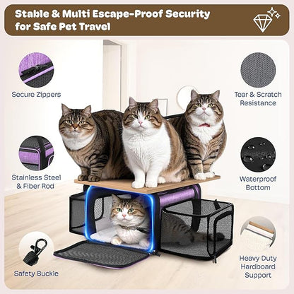 Top and 2 Sides Expandable Cat Carrier 18x13.5x9.5, TSA Airline Approved Dog Carriers for Small Dogs, Soft-Sided Pet Carrier with Self-Locking Zippers for Kitten,Rabbit, Puppy Purple