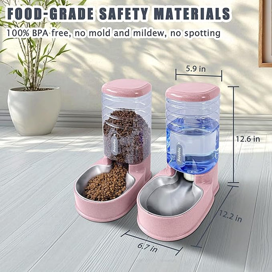 UniqueFit Cats Dogs Automatic Food Feeder and Water Dispenser Set 3.8L with Stainless Steel Bowl