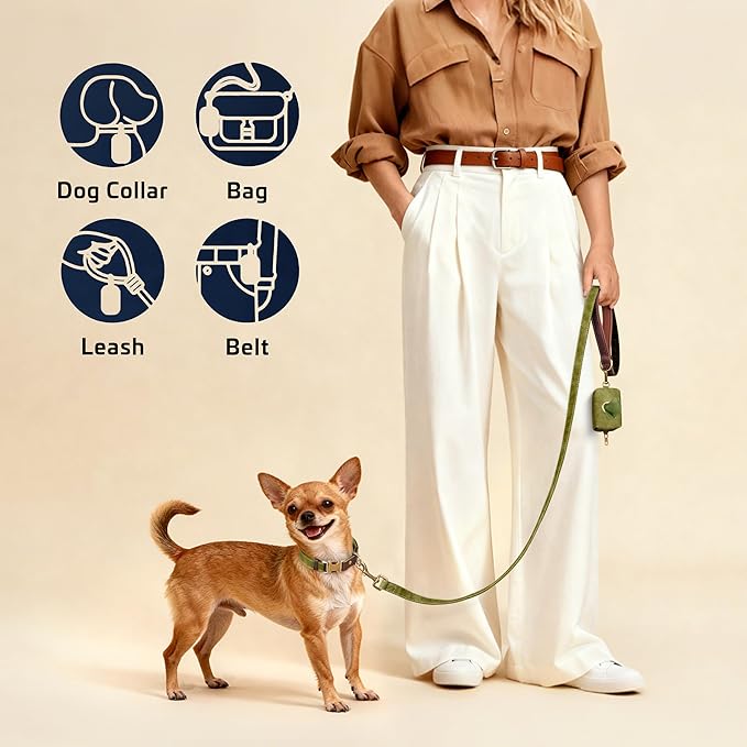 Didog Classic Dog Poop Bag Holder, Easy-Pull and Elegant PU Leather Pet Waste Bag Dispenser for Leash with Carabiner Clip, Includes 1 Roll Dog Waste Bag for Daily Walking,Olive Green