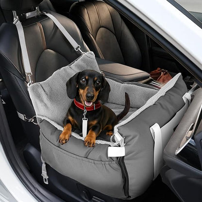 SIVES Dog Car Seat for Small Dogs, Soft Booster Seat Travel Bed with Side Flaps, Non-Slip Base, Seat Belt Straps + Safety Tether, Storage Pocket, Washable Cushion, Recommended Up to 33 lbs, Grey