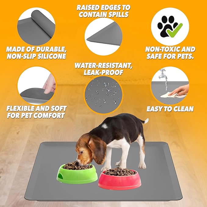 TidyFriend Silicone Pet Food Mat 28 x 30 Inches, Pet Tray for Food and Water, Dog Food Mats, Silicone Cat Food Mat, Non Slip Pet Food Mat, Dog Bowl Mat Waterproof, Pet Supplies (Dark Grey)