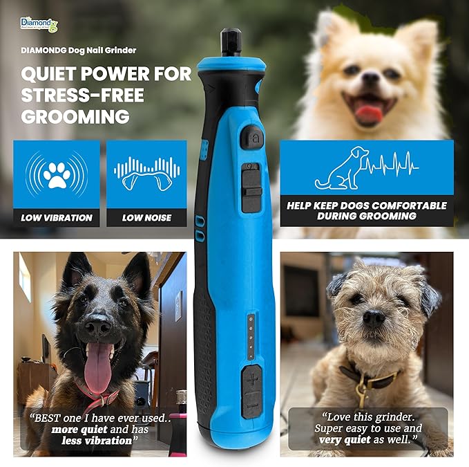 Diamondg Cordless Dog Nail Grinder with Quiet Sound & LED Tip for Large & Small Dogs, 4hrs. Runtime - Electric Dog Nail Trimmer, Heavy Duty Rotary Tool Alternative to Toenail Clippers & Filers