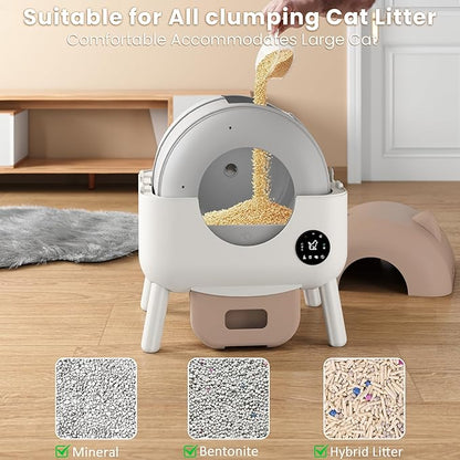 Bashaw Self Cleaning Litter Box, Large Capacity Automatic Litter Box for Multiple Cat, App-Controlled with Odor Removal & Safety Protection (White)