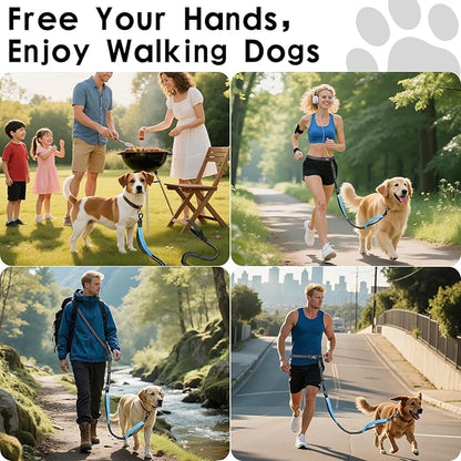 Hands Free Dog Leash, 8.2 FT Waist Leash for Walking, Jogging, Hiking, Adjustable Crossbody Belt with Double Padded Handles, Bungee Car Seatbelt Design for Medium Large Dogs, Black + Blue