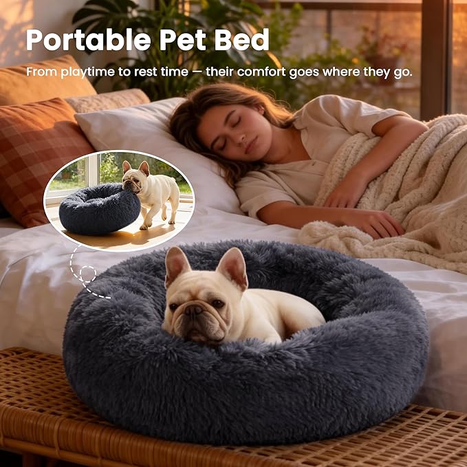 Love's cabin Calming Cat Bed for Indoor Cats, Anti-Anxiety Donut Round Dog Bed, Fluffy Faux Fur Washable Pet Bed for Small Medium Dogs and Cats,Bluish Grey,20in