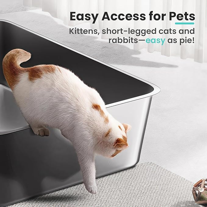 Large Stainless Steel Cat Litter Box, 17.7”x13.8”x6” Metal Litter Box with High Sided for Small Big Cats, Odor Free Kitty Litter Tray, Anti-Leakage, Non Sticky Litter Pan, L
