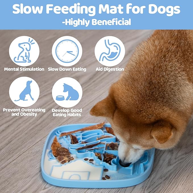 Puzzle Feeder Snuffle Mat and Lick Mat for Dogs,Texas Textured Slow Feeder, 0.75 Inch Thin Silicone Mat Holds 3 Cups, Dishwasher and Microwave Safe, Blue