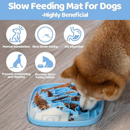 Puzzle Feeder Snuffle Mat and Lick Mat for Dogs,Texas Textured Slow Feeder, 0.75 Inch Thin Silicone Mat Holds 3 Cups, Dishwasher and Microwave Safe, Blue