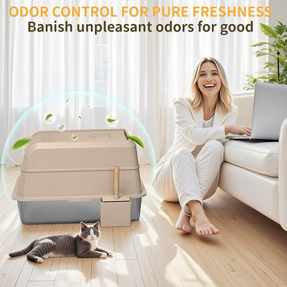 Stainless Steel Litter Box with Lid, XL Extra Large Cat Litter Box, Enclosed Metal Litter Pan with High Sided Enclosure & Scoop, Anti Leakage, Easy to Clean, Odor Control(Khaki)