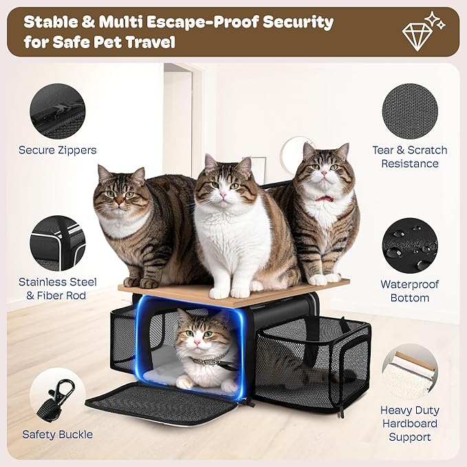 Top and 2 Sides Expandable Cat Carrier 18x13.5x9.5, TSA Airline Approved Dog Carriers for Small Dogs, Soft-Sided Pet Carrier with Self-Locking Zippers for Kitten,Rabbit,Puppy, Black White