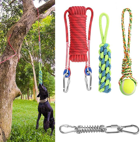 Yummy Sam Dog Ropes Toy,16.8 ft Rope & Spring Pole Pole Kit & 2 Chew Toys, Outdoor Hanging Retractable Exercise Interactive Pull Tug Muscle Builder for Medium Large Dogs (Red Green)