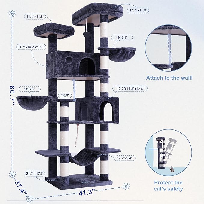 Tall Cat Tree, Large Cat Tower for Adult Cats, 80.7'' (205cm) Heavy-Duty Cat Tree House for Indoor Cats 20 lbs+ with Scratching Posts, 2 Top Perches/Condos, Hammcok, Smoky Gray GCT034G