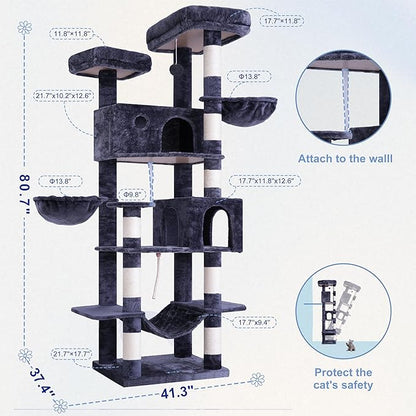 Tall Cat Tree, Large Cat Tower for Adult Cats, 80.7'' (205cm) Heavy-Duty Cat Tree House for Indoor Cats 20 lbs+ with Scratching Posts, 2 Top Perches/Condos, Hammcok, Smoky Gray GCT034G
