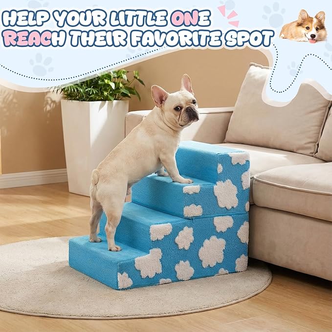 Jetec Dog Stairs for Bed 18" H 4-Step Bottom Foldable Non Slip Foam Dog Pet Stairs 2 in 1 Jacquard Shaggy Plush for High Bed Couch and Sofa Chairs Small Medium Dogs Cats