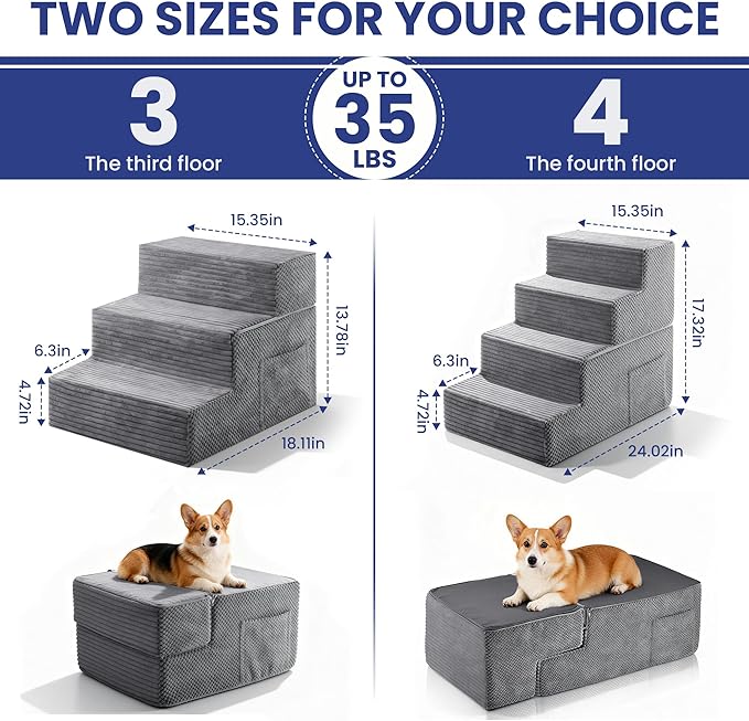 Dog Stairs for Small Dogs, 3-Step Dog Ramp for Bed 13.7" H, Dogs Steps for Bed, Couch, Pet Stairs with Non-Slip Bottom Design,High Density Foam Portable Pet Steps, Grey