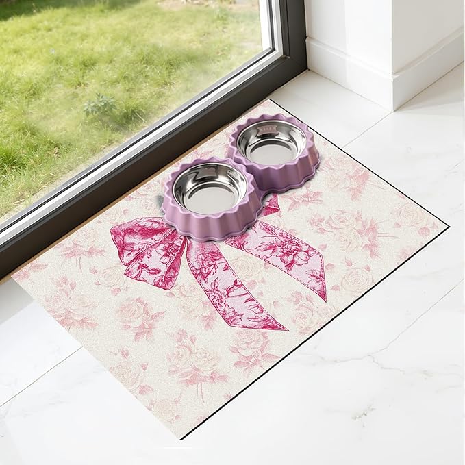 Dog Bowl Mat for Food and Water - Hamdwerk Absorbent Anti Slip Cat Feeding Mats for Floors, Quick Dry Pet Dog Feeding Matts, Diatomite Pet Dish Placemat Supplies, Coquettee Bow Style, 16 * 24in