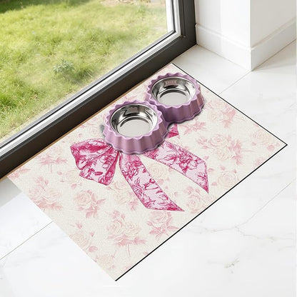 Dog Bowl Mat for Food and Water - Hamdwerk Absorbent Anti Slip Cat Feeding Mats for Floors, Quick Dry Pet Dog Feeding Matts, Diatomite Pet Dish Placemat Supplies, Coquettee Bow Style, 16 * 24in