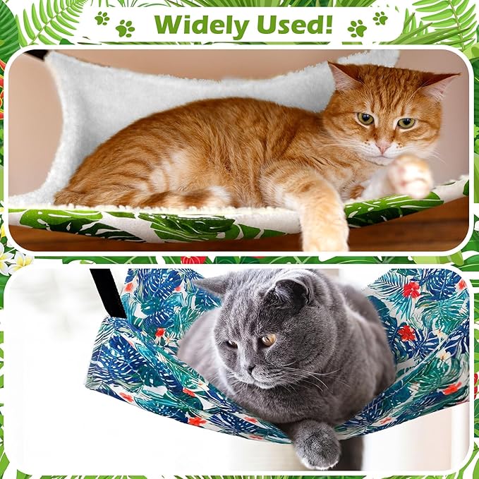 Jetec 2 Pack Cat Hammock for Cage, Catio Accessories Reversible Soft Cats Bed with Adjustable Straps and Hooks Double-Sided Linen and Fleece Hanging Hammock for Cats, Kitten(Monstera Leaf,M)