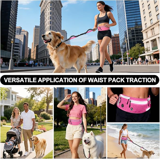 Hands Free Dog Leash with Zipper Pouch, Waist Leash for Dog Walking and Running, Dual Padded Handles, Shock-Absorbing Bungee for Medium to Large Dogs (Pink)