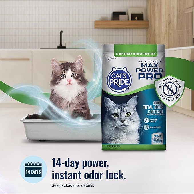 NEW Cat's Pride Max Power PRO Online-Exclusive: Total Odor Control - Up to 14 Days of Powerful Odor Control - Our Strongest Clumps - 99% Dust Free - Multi-Cat Litter, Unscented, 19 Pounds