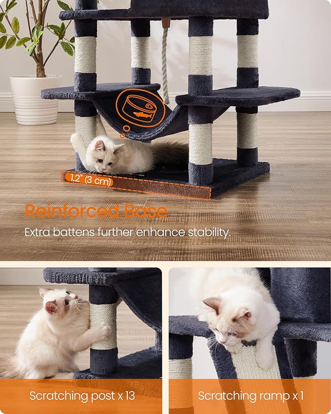Feandrea Cat Tree, 66.1-Inch Large Cat Tower, Multi-Level Plush Condo with 13 Scratching Posts, 2 Perches, 2 Caves, Basket, Hammock, Pompoms, Smoky Gray UPCT165G01