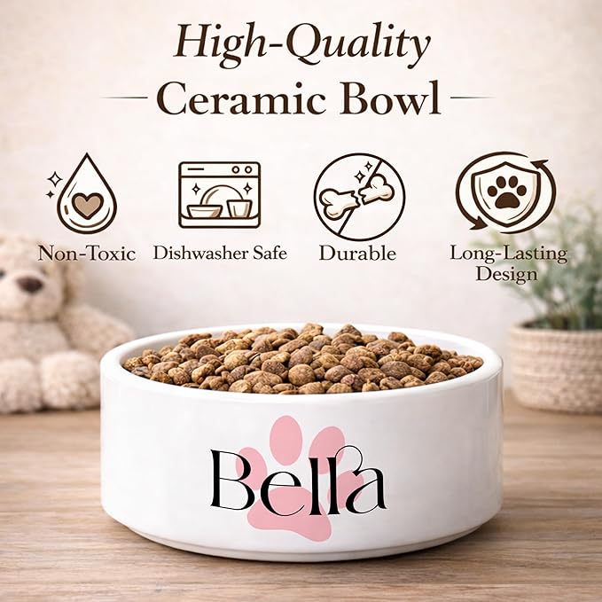 Custom Cat Bowl | Personalized Food & Water Dish with Name | Microwave & Dishwasher Safe Ceramic Pet Feeding Bowl for Kitty | Gift Idea for New Kitten Owners | White – Small