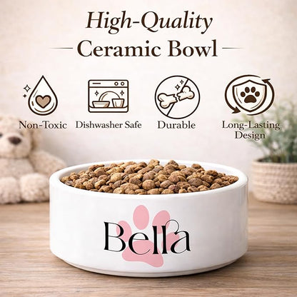 Custom Cat Bowl | Personalized Food & Water Dish with Name | Microwave & Dishwasher Safe Ceramic Pet Feeding Bowl for Kitty | Gift Idea for New Kitten Owners | White – Small