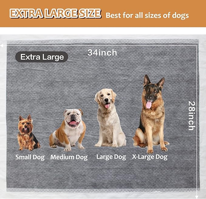 Charcoal Dog Pee Pads Extra Large 28" x 34", Puppy Pee Pads 40 Count, Potty Pads for Dogs with Adhesive Tape for Odor-Control & Leakproof, Disposable Pet Pads for Puppies, Dogs & Cats
