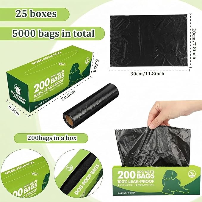 Sherr Dog Poop Bags Bulk Leak Proof Dog Doggy Poop Pet Waste Bags for Puppy Pets Outdoor Walking and Travel, 10 Rolls of 200, Black (25 Boxed Rolls 5000 Counts)