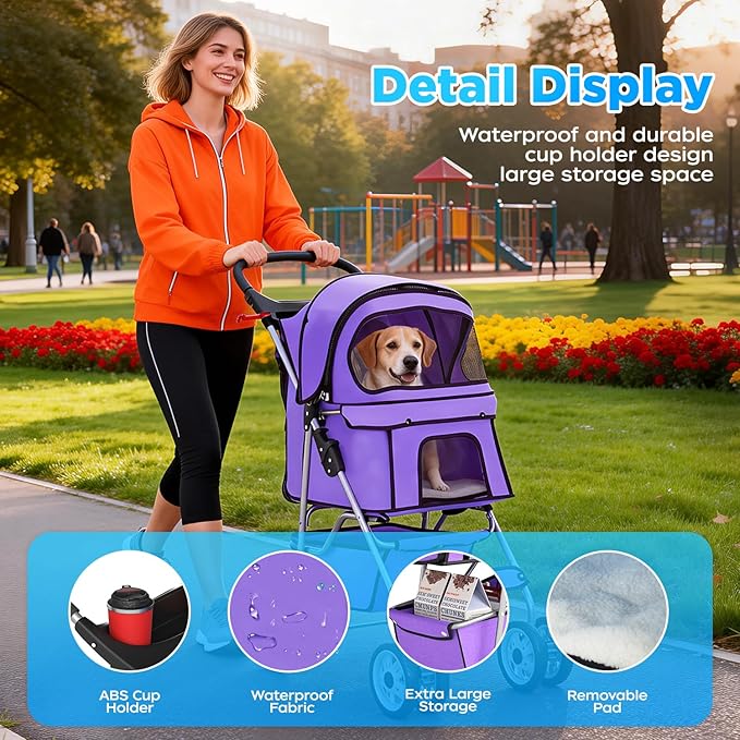 BestOffice Pet Stroller for Small Medium Dogs & Cats, 4-Wheel Foldable Dog Stroller with Cup Holder, Lightweight Travel Carrier, Waterproof Design for Outdoor Walks,Purple